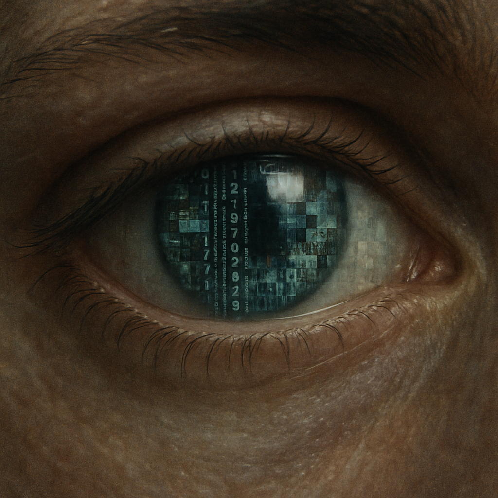 An eye with a grid of images and numbers signifying the overwhelming information and digital signatures